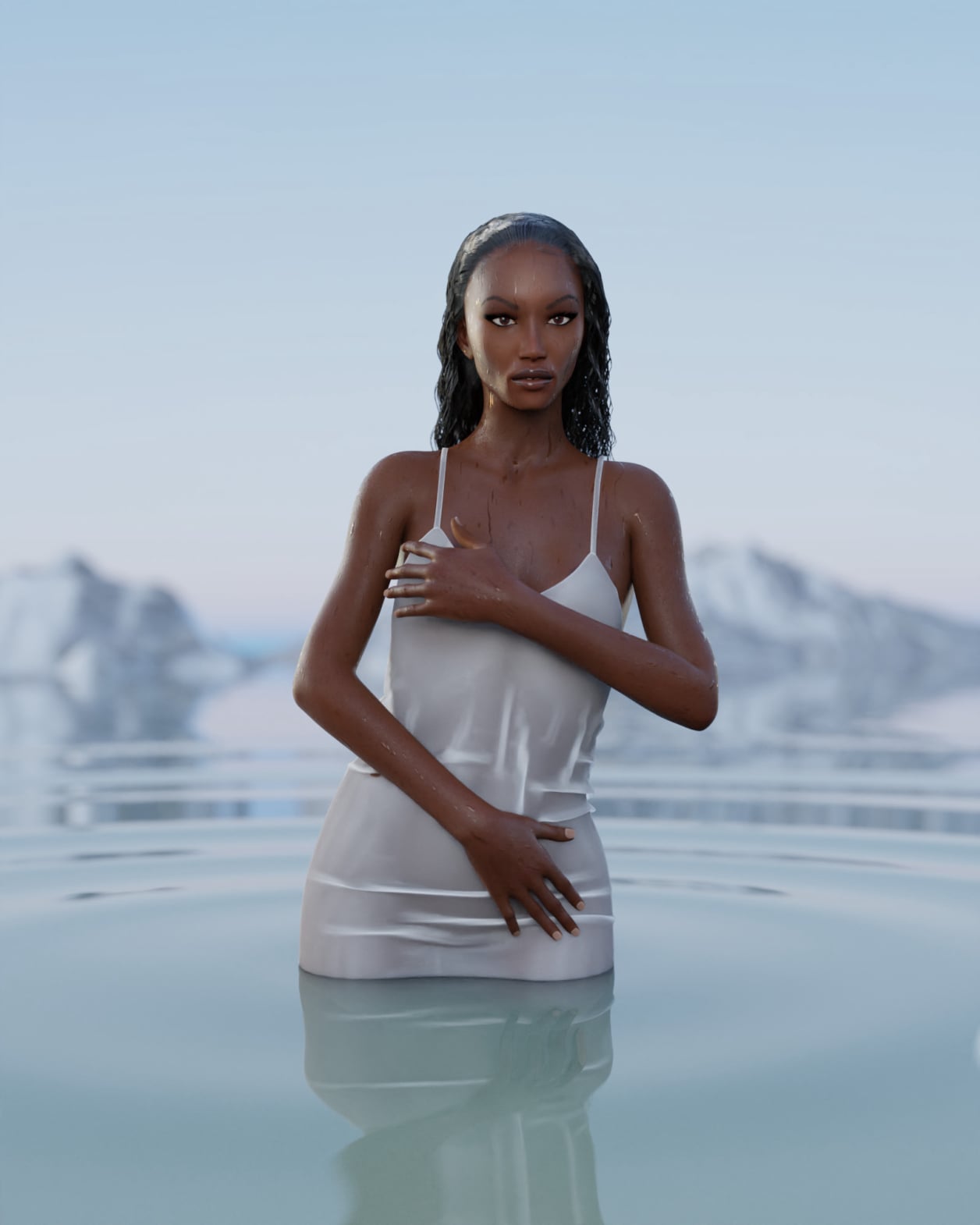 Digital reimagining of Botticelli’s Birth of Venus featuring Afrodite with stylised wet-look dress and glowing light (2021)