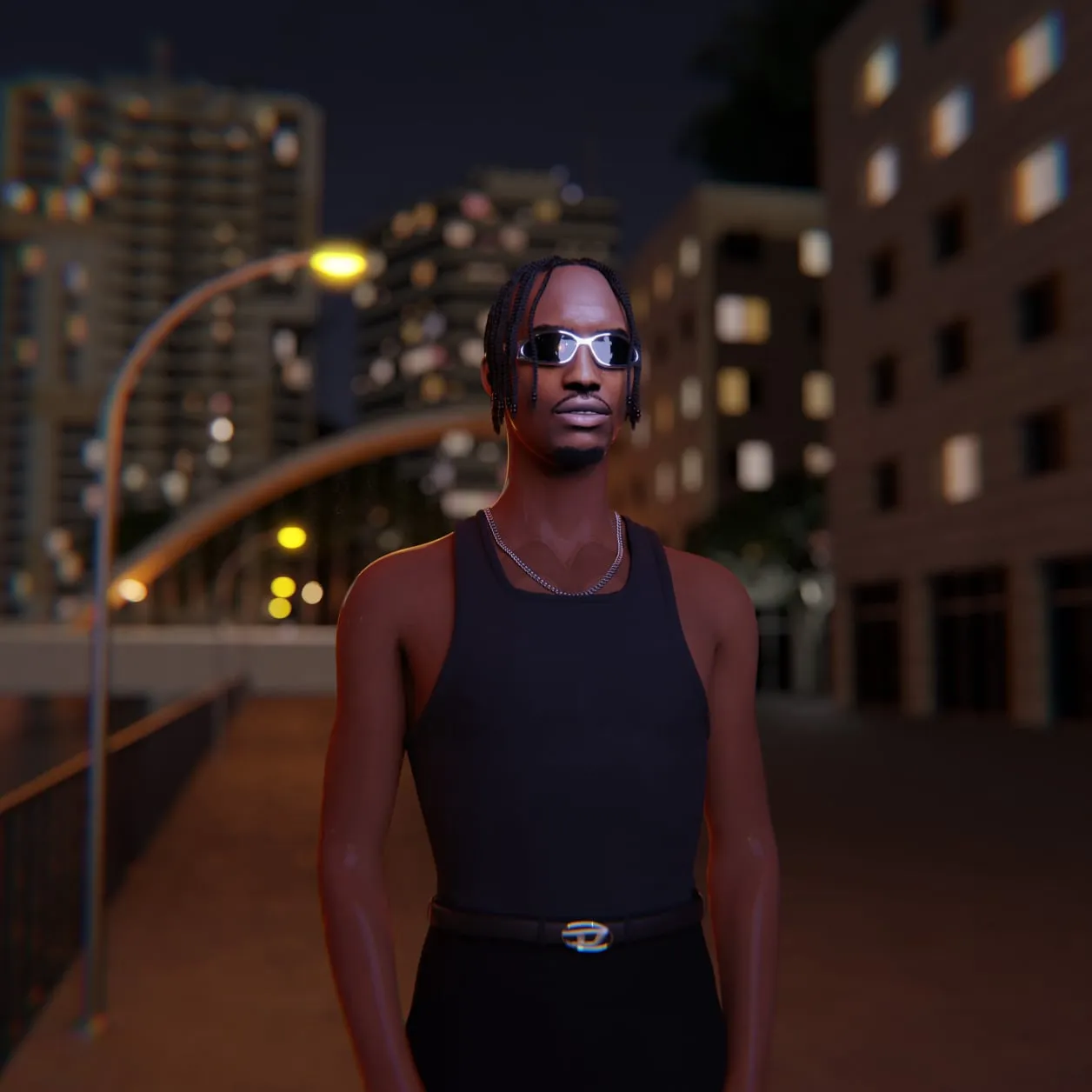 Portrait of Prince Kongo’s digital avatar in an urban nightscape, created for the Komplexx EP commission (2023)