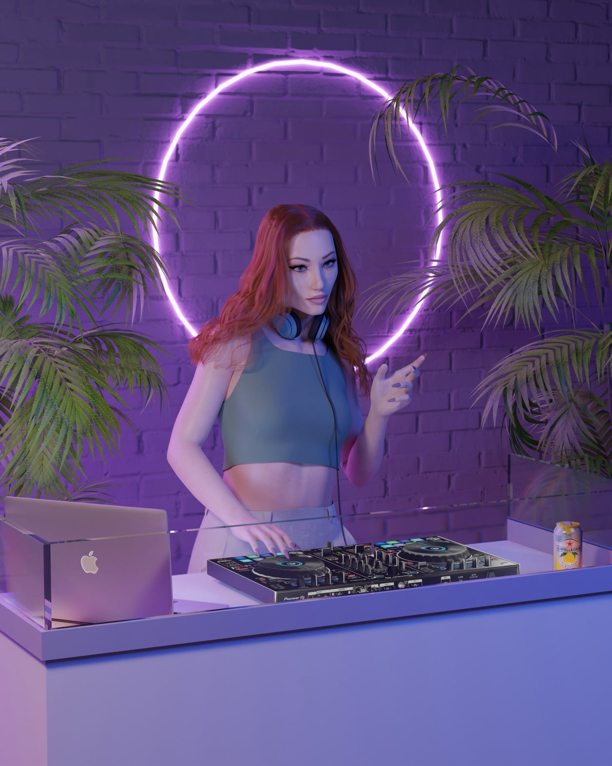 Commissioned portrait for Sbambina DJ with stylised club lighting, neon glow, and personal elements from nightlife scenes (2022)