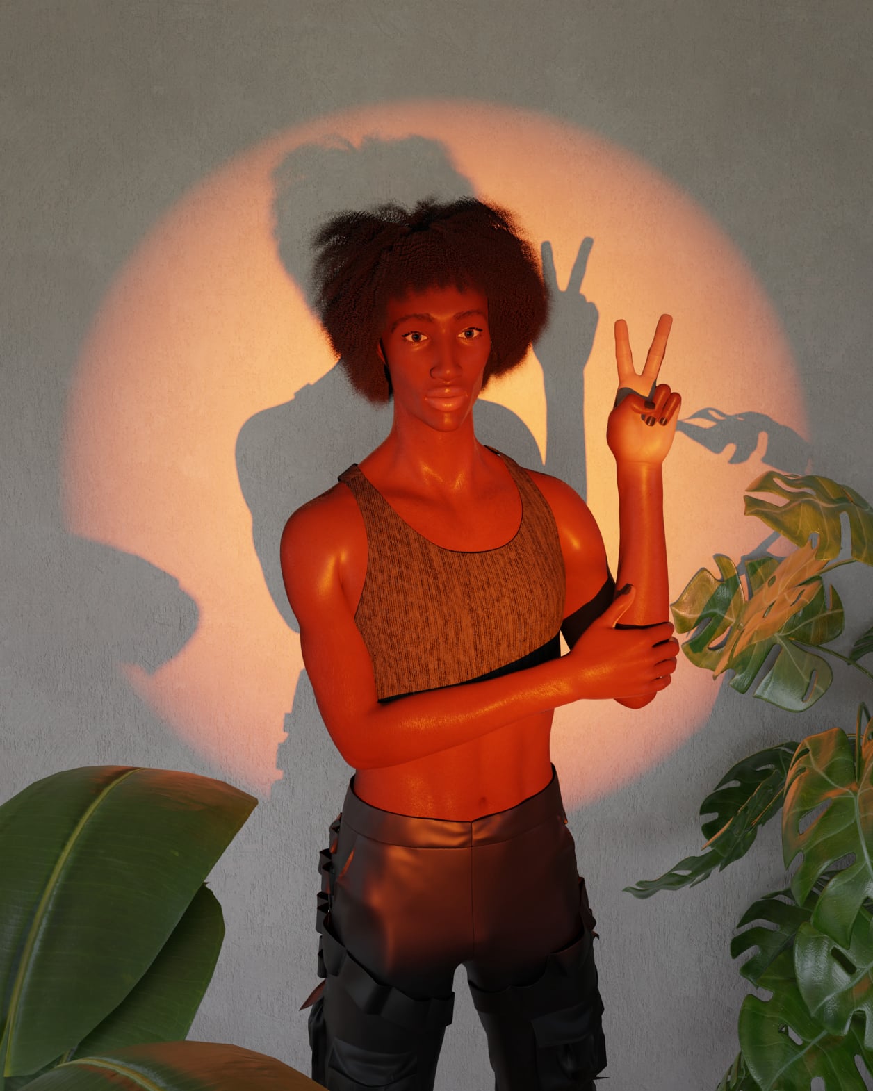 Stylised self-portrait with afro hair and spotlight-inspired lighting, created using Blender hair simulation tools (2021) - Wide Shot