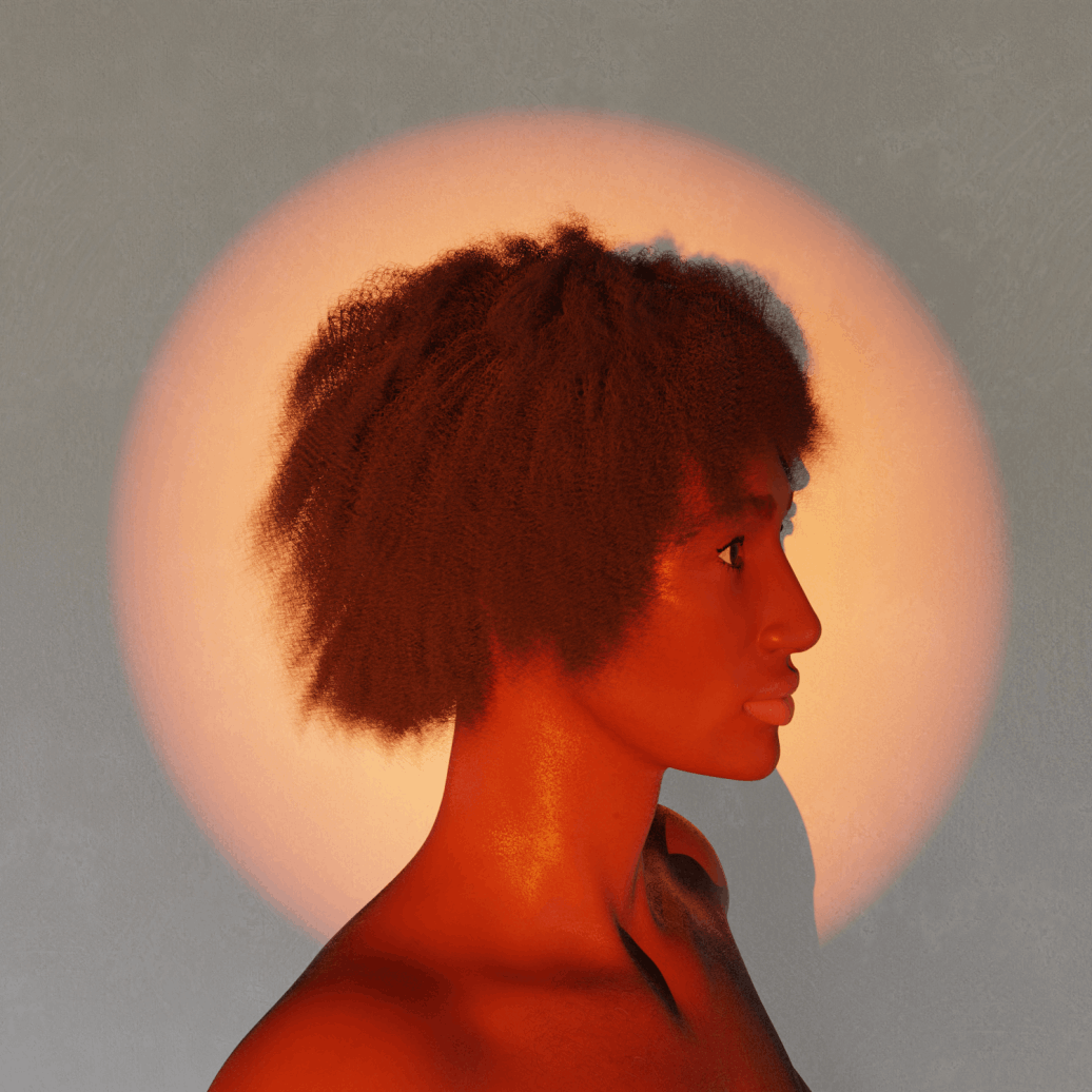 Stylised self-portrait with afro hair and spotlight-inspired lighting, created using Blender hair simulation tools (2021)