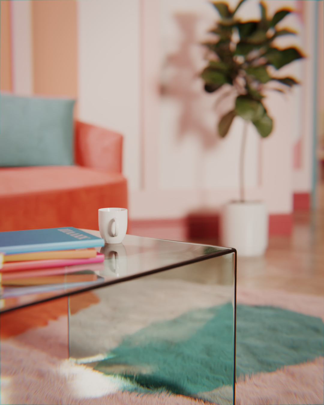 Maximalist living space with bold colour blocking, pink accents, and graphic furnishings – Colour Interior (2020)