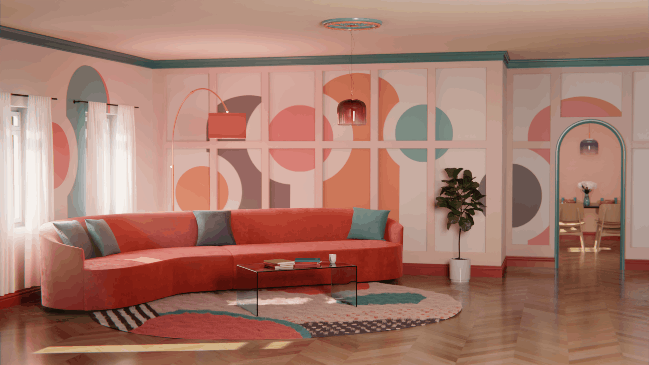 Maximalist living space with bold colour blocking, pink accents, and graphic furnishings – Colour Interior (2020)