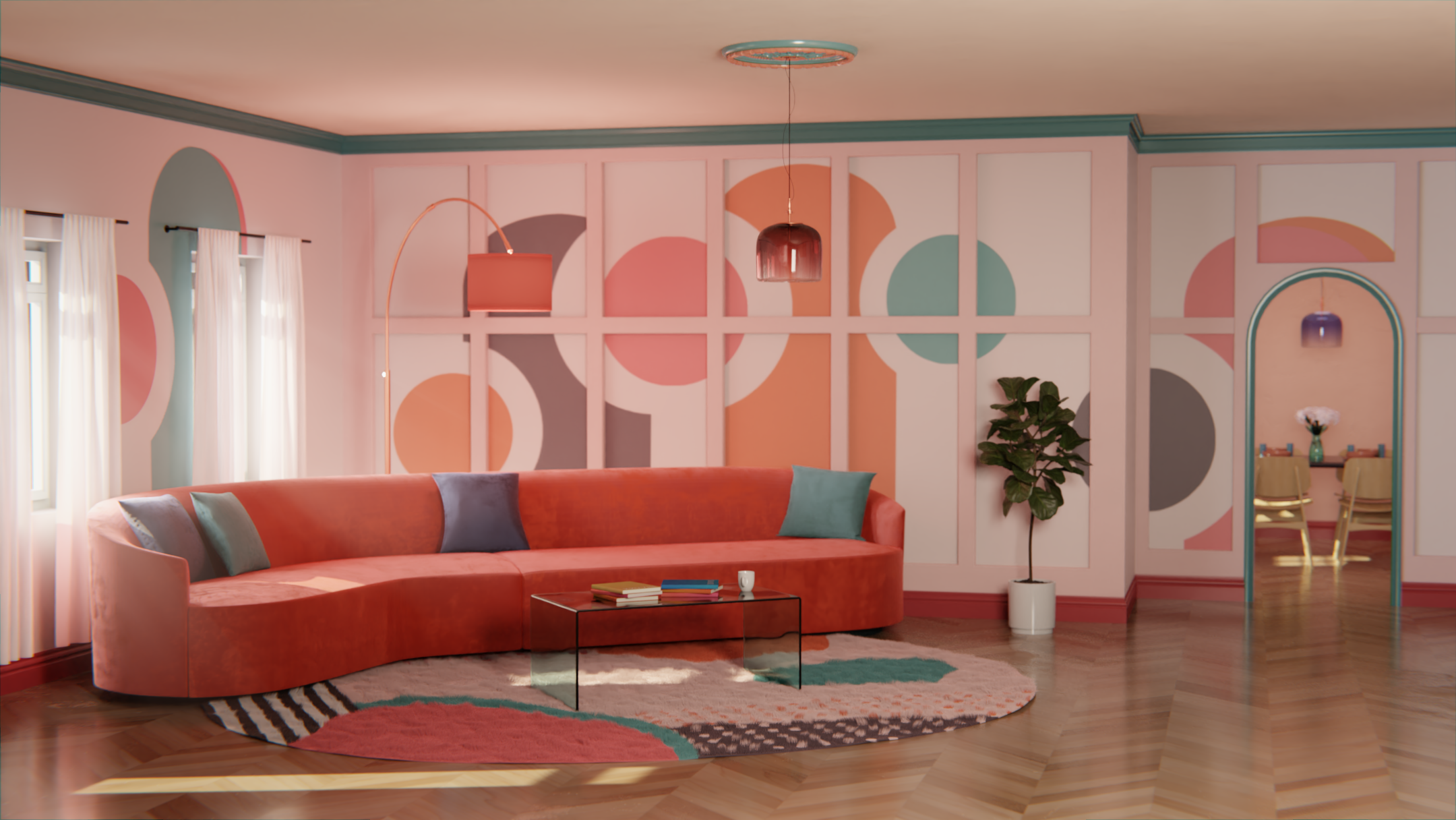 Maximalist living space with bold colour blocking, pink accents, and graphic furnishings – Colour Interior (2020)