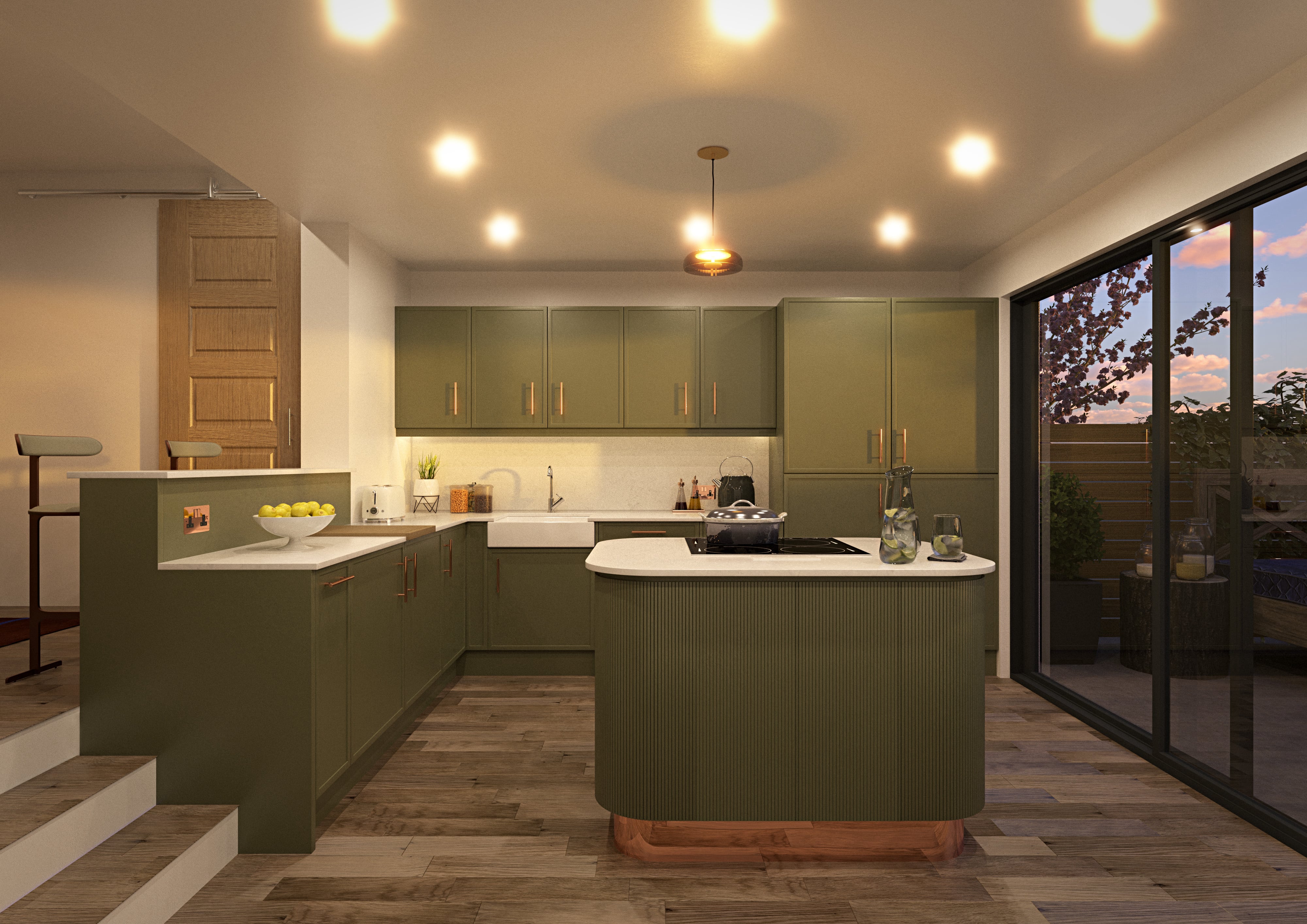 Modern kitchen with warm wood finishes and moss green panels – wide shot
