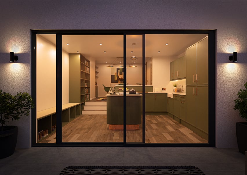 Contemporary kitchen, viewed from patio at night showing a well lit minimalist kitchen with warm, traditional elements – Modern Heritage Kitchen (2025)