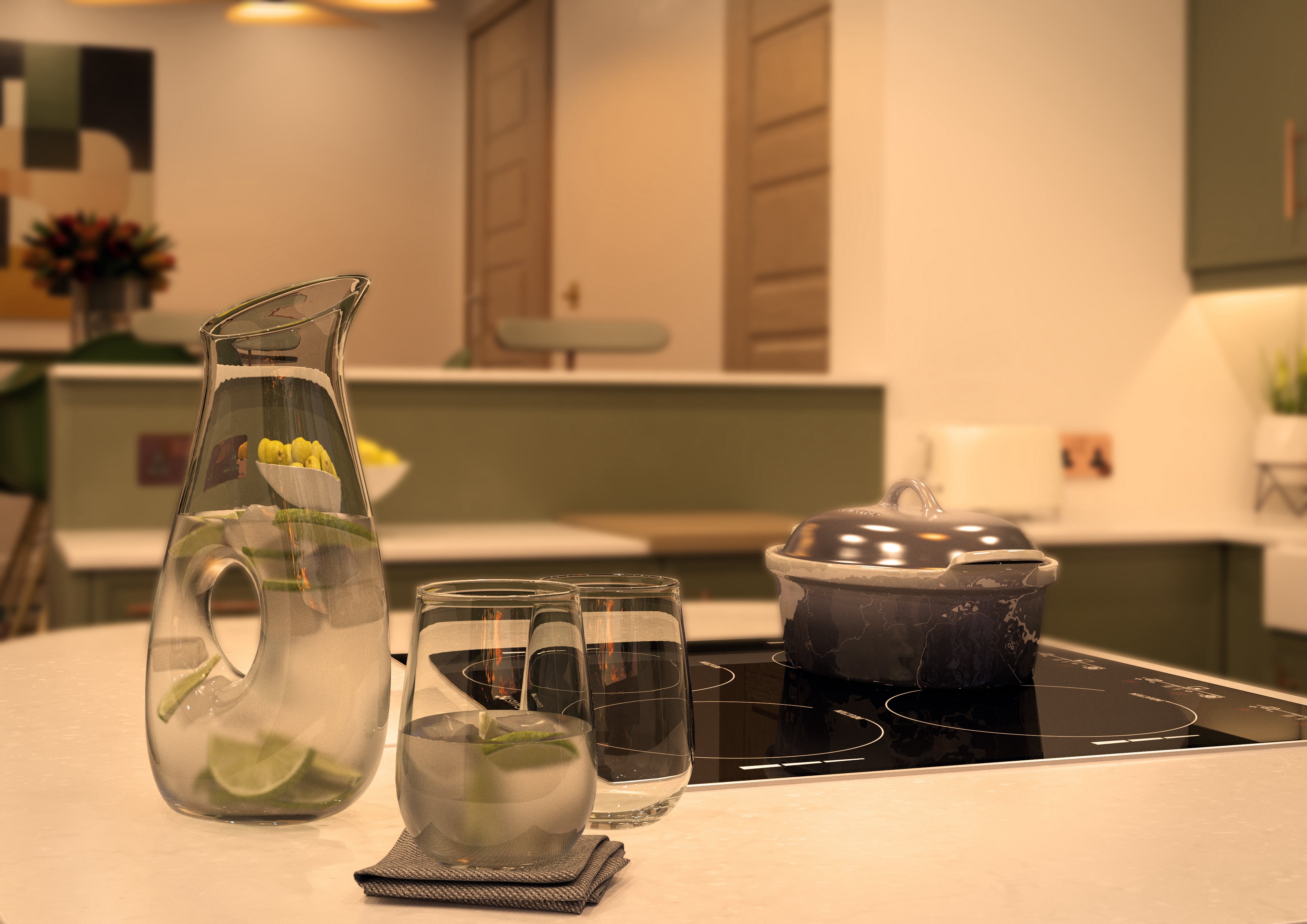 Modern kitchen with warm wood finishes and moss green panels – close up