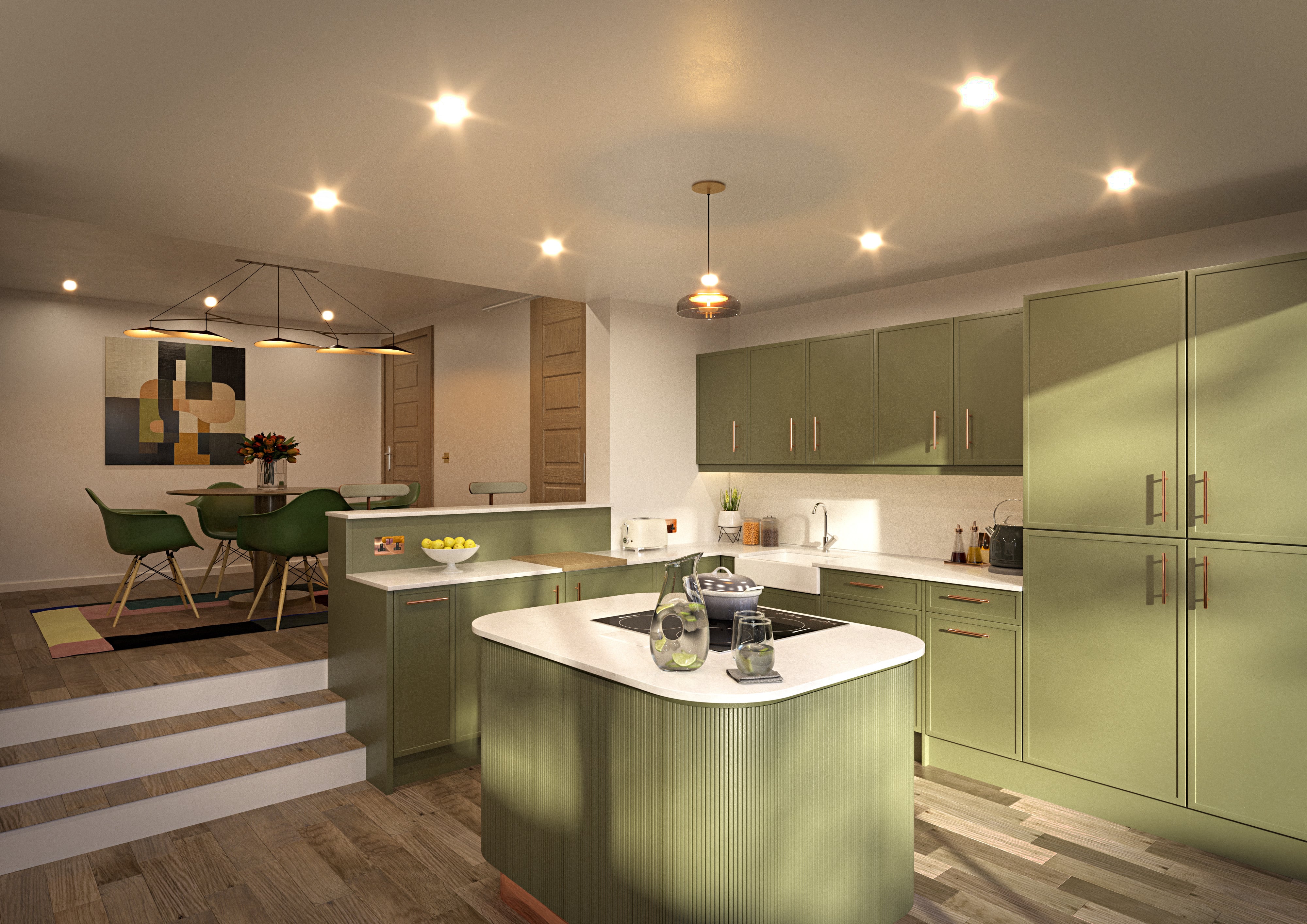 Modern kitchen with warm wood finishes and moss green panels – wide shot