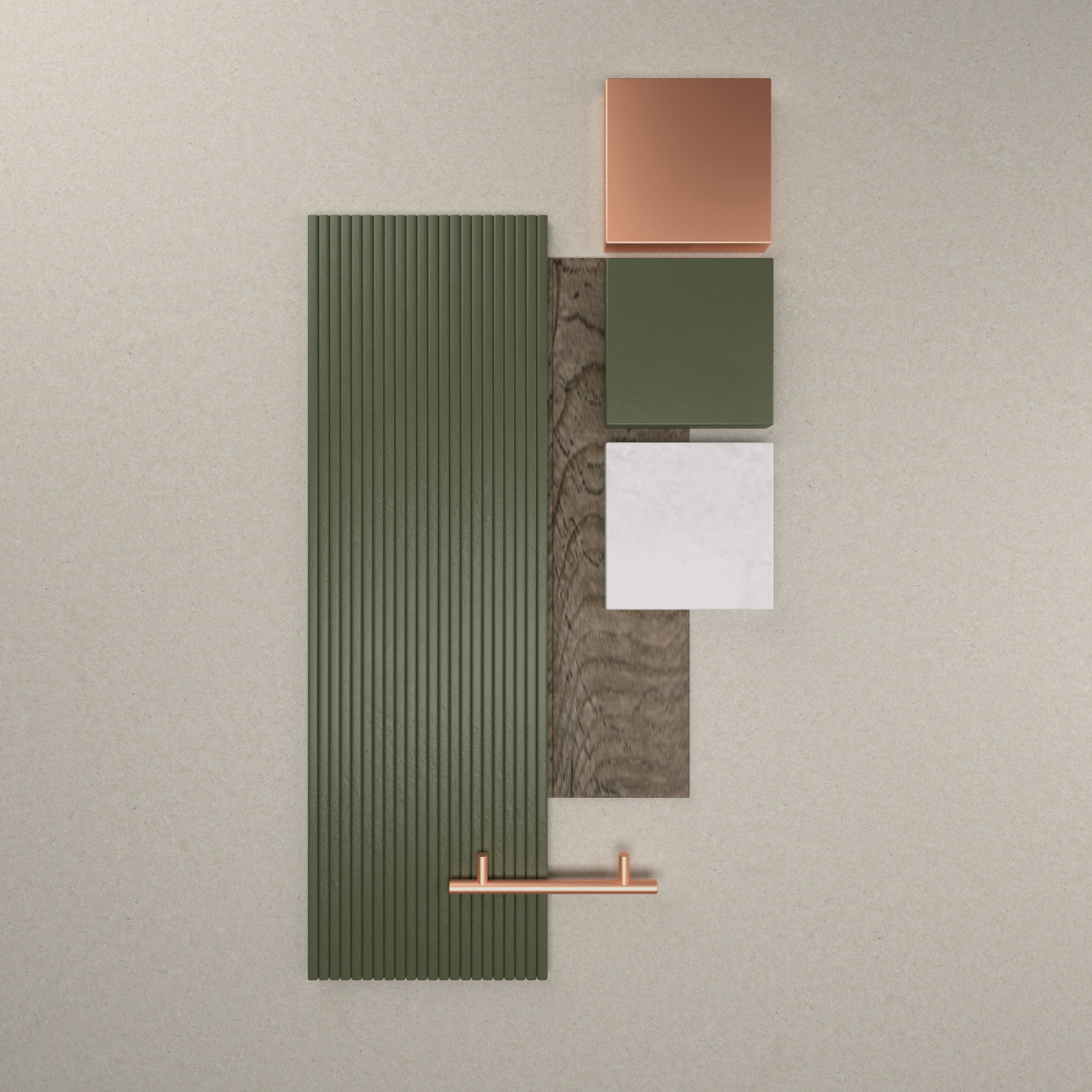 Close up shot of material palette for kitchen, featuring wood floor, moss green panels, quartz countertop and brass accents. 