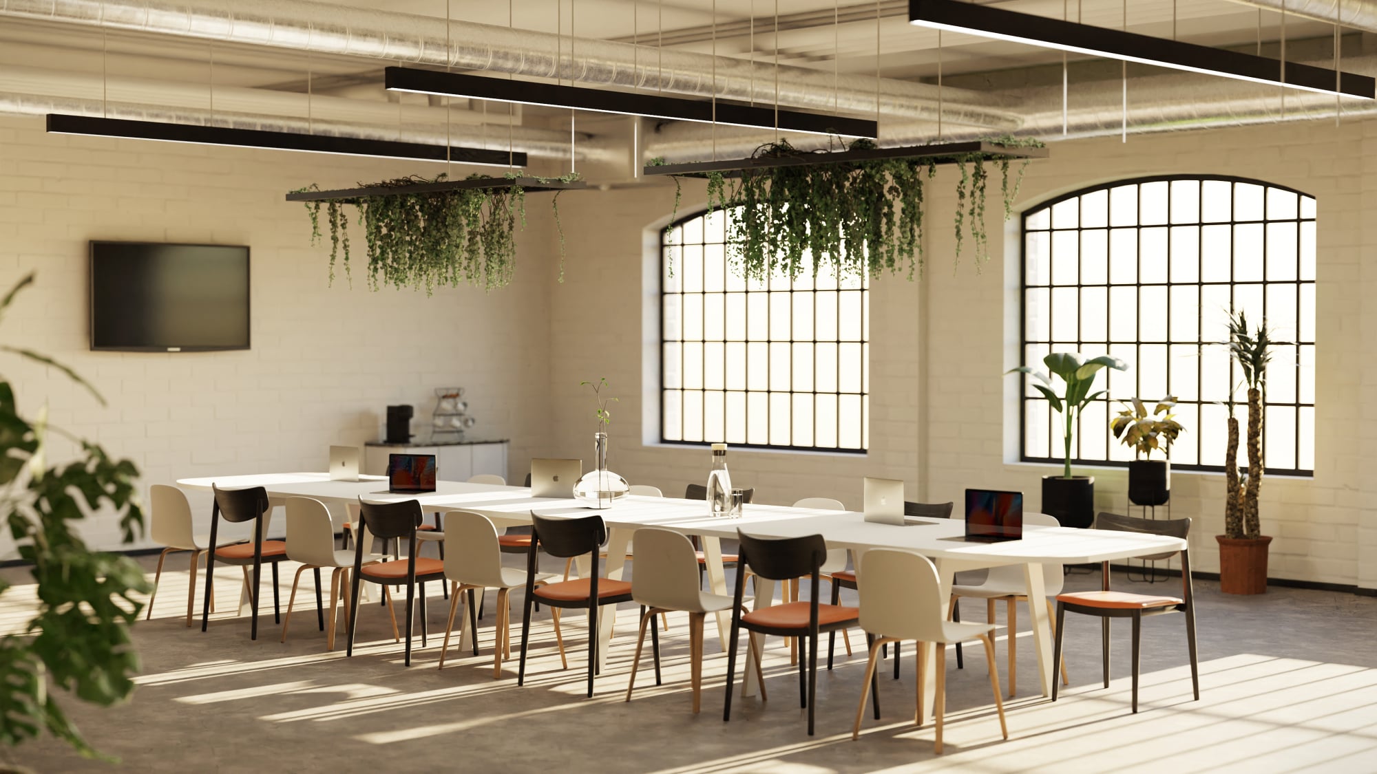 Modern office visual in an industrial-style meeting space with exposed ducts and natural light – Office Interior (2023)