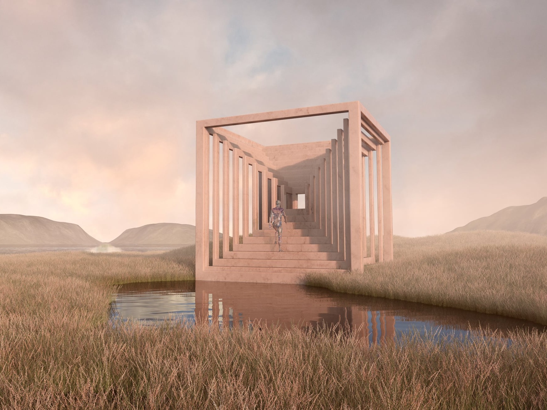 Pavilion concept inspired by kirigami and Solange’s Metatronia – sculptural folded form and ceremonial structure